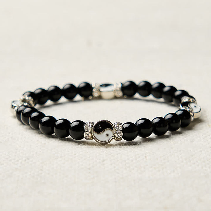 Buddha Stones Schwarzes Obsidian-Armband mit Yin-Yang-Symbol und rundem Anhänger - image 8