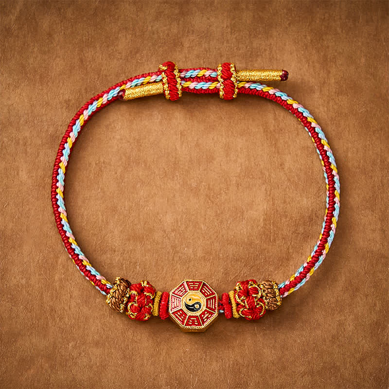 Buddha Stones Buntes, handgewebtes Armband mit Bagua-Motiv und chinesischer Münze im tibetischen Stil. - Rot - Roter Faden (Schutz♥Glück) - image 0