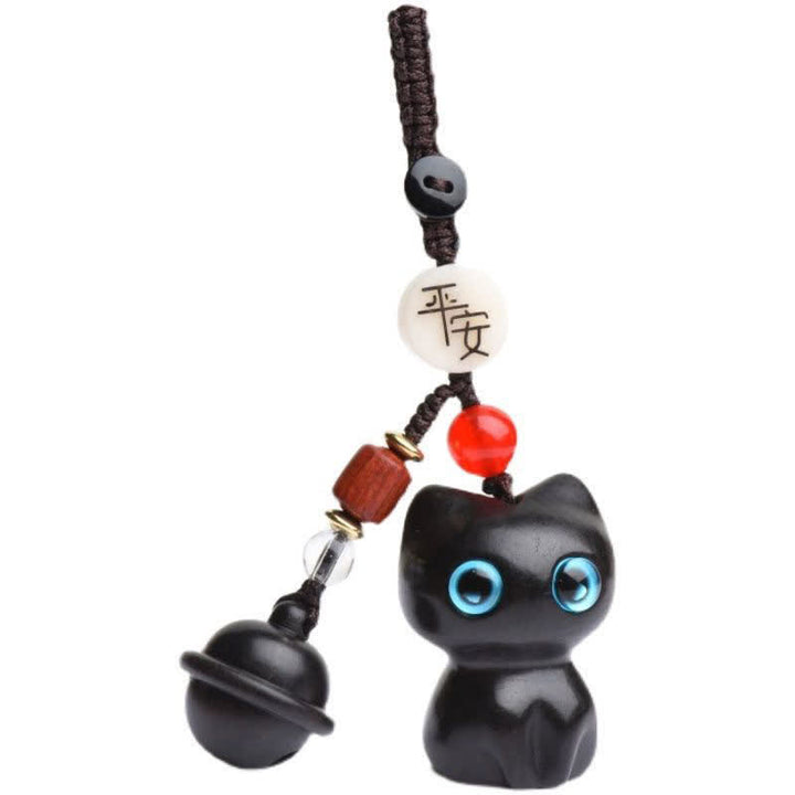 Buddha Stones Handgeschnitzte Schlüsselanhänger mit Katzenglocke aus Ebenholz und rotem Sandelholz - image 9