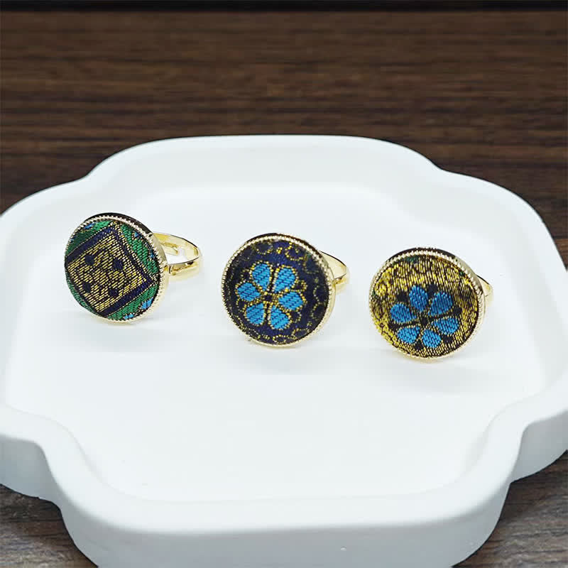 Buddha Stones Handgefertigter, verstellbarer Ring aus Brokat mit Blumenmuster. - image 12