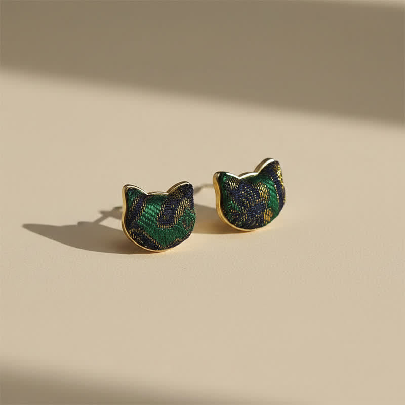 Buddha Stones Handgefertigte Ohrringe aus Brokat mit Katzenmotiv im chinesischen Vintage-Stil - Songbrokat (gleicher Farbton – Muster variiert) - image 0