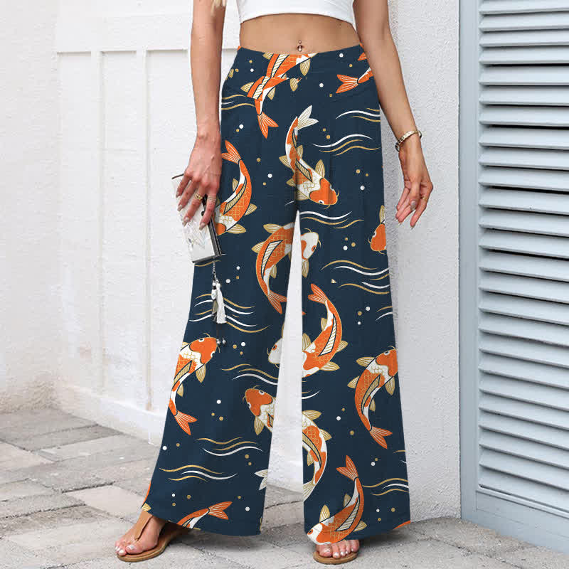 Buddha Stones Damenhose mit Koi-Fischmuster aus Baumwoll-Leinen-Mischgewebe, elastischem Bund, weitem Bein und Taschen - image 1