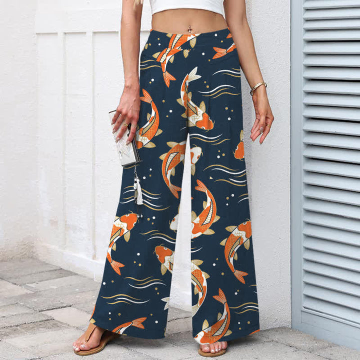 Buddha Stones Damenhose mit Koi-Fischmuster aus Baumwoll-Leinen-Mischgewebe, elastischem Bund, weitem Bein und Taschen - image 1