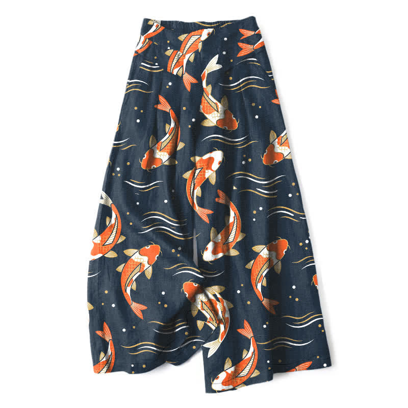Buddha Stones Damenhose mit Koi-Fischmuster aus Baumwoll-Leinen-Mischgewebe, elastischem Bund, weitem Bein und Taschen - Marine - US16, UK/AU20, EU48 (3XL) - image 0