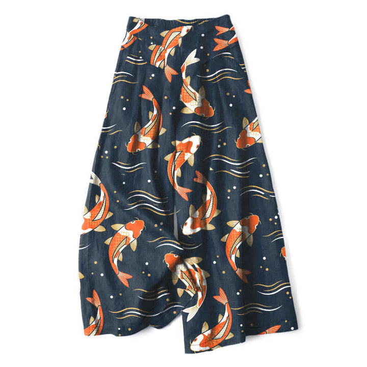 Buddha Stones Damenhose mit Koi-Fischmuster aus Baumwoll-Leinen-Mischgewebe, elastischem Bund, weitem Bein und Taschen - Marine - US16, UK/AU20, EU48 (3XL) - image 0
