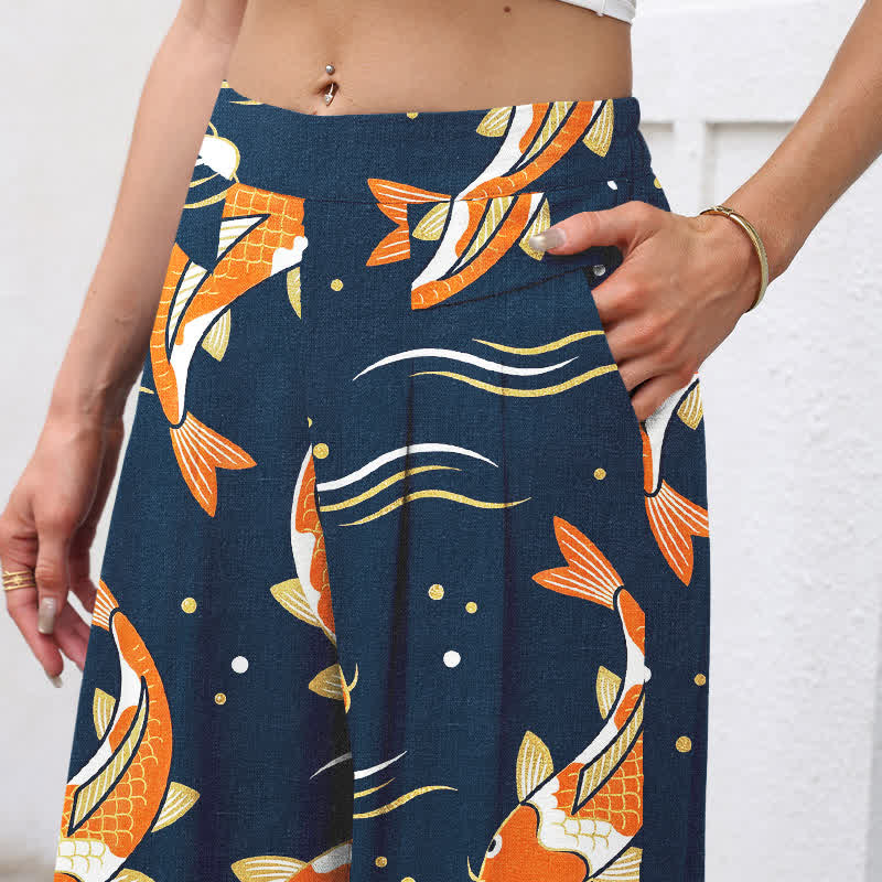 Buddha Stones Damenhose mit Koi-Fischmuster aus Baumwoll-Leinen-Mischgewebe, elastischem Bund, weitem Bein und Taschen - image 2