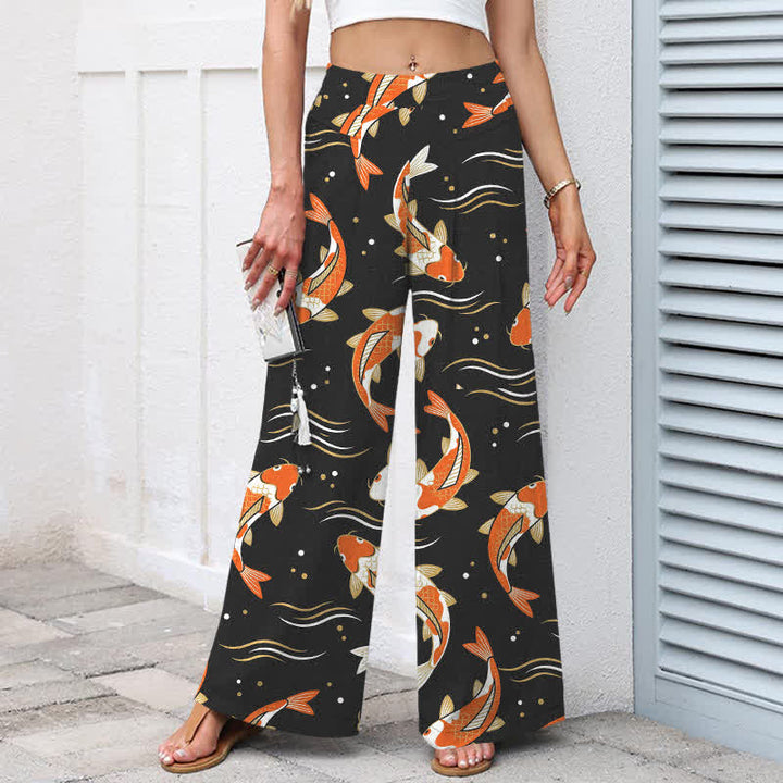 Buddha Stones Damenhose mit Koi-Fischmuster aus Baumwoll-Leinen-Mischgewebe, elastischem Bund, weitem Bein und Taschen - image 6