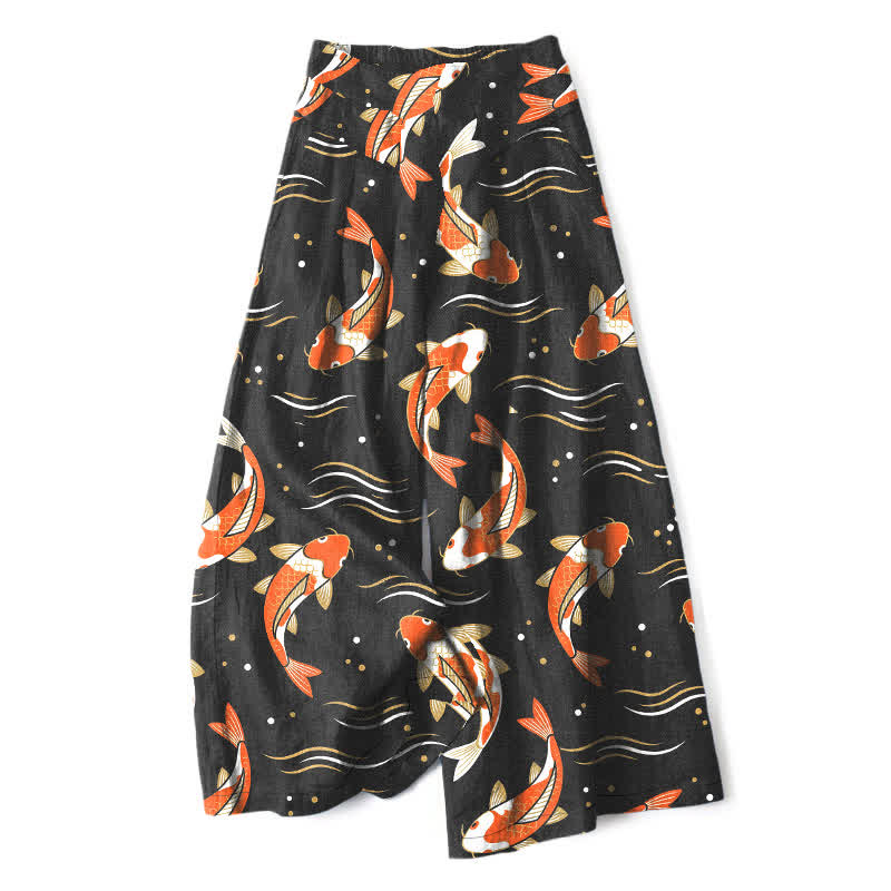 Buddha Stones Damenhose mit Koi-Fischmuster aus Baumwoll-Leinen-Mischgewebe, elastischem Bund, weitem Bein und Taschen - Schwarz - US16, UK/AU20, EU48 (3XL) - image 5