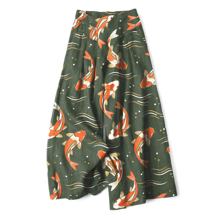 Buddha Stones Damenhose mit Koi-Fischmuster aus Baumwoll-Leinen-Mischgewebe, elastischem Bund, weitem Bein und Taschen - Dunkelolivgrün - US16, UK/AU20, EU48 (3XL) - image 7