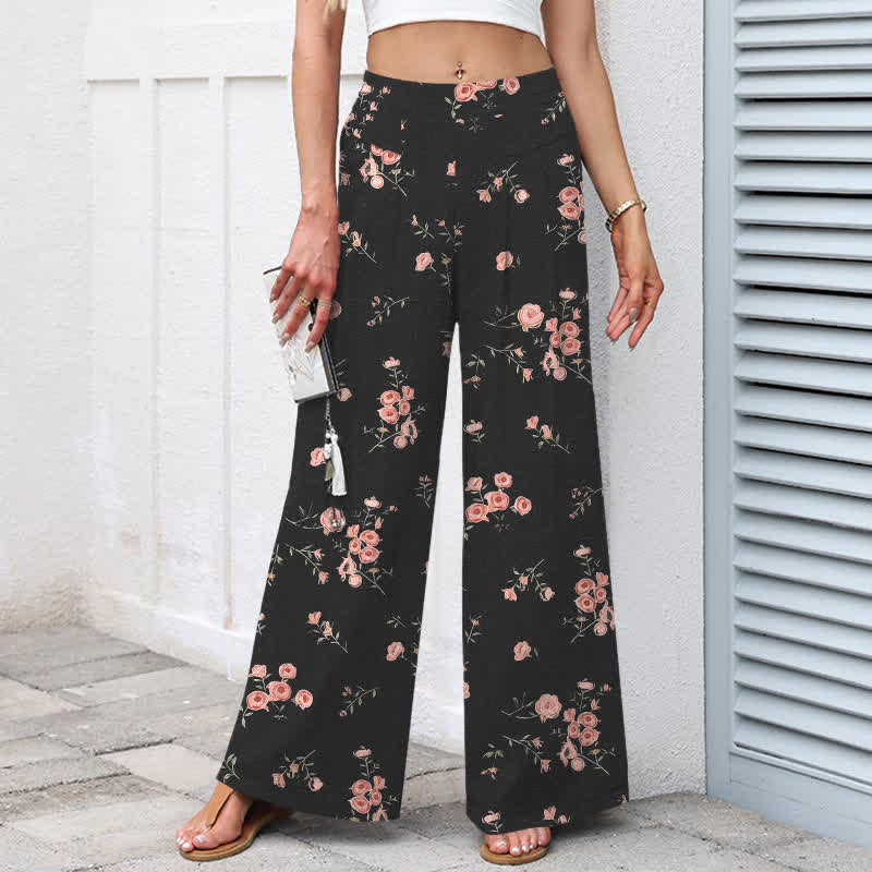 Buddha Stones Baumwoll-Leinen-Hose mit Vintage-Rosenmuster, elastischem Bund, weitem Bein und Taschen - image 1