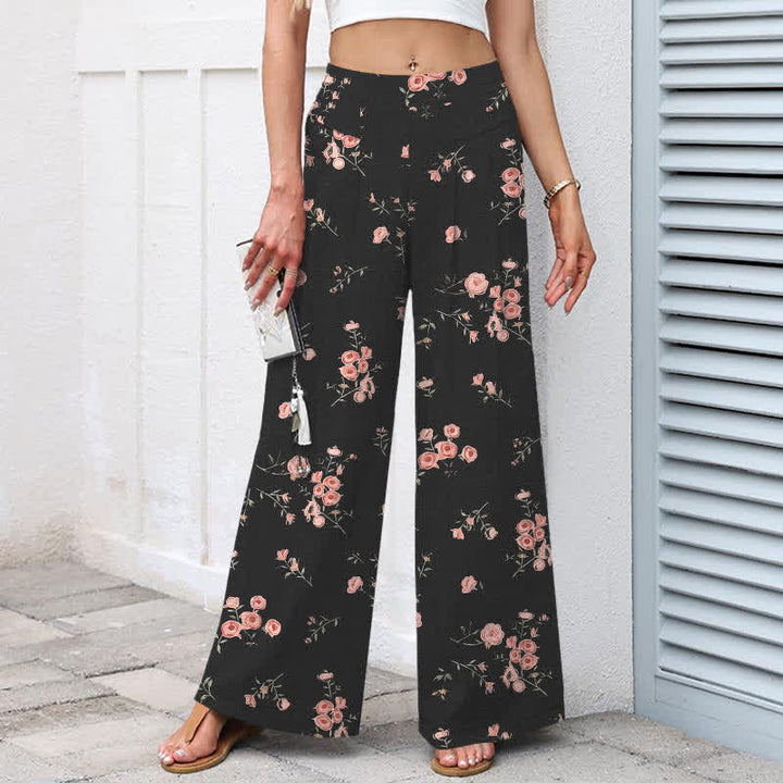 Buddha Stones Baumwoll-Leinen-Hose mit Vintage-Rosenmuster, elastischem Bund, weitem Bein und Taschen - image 1