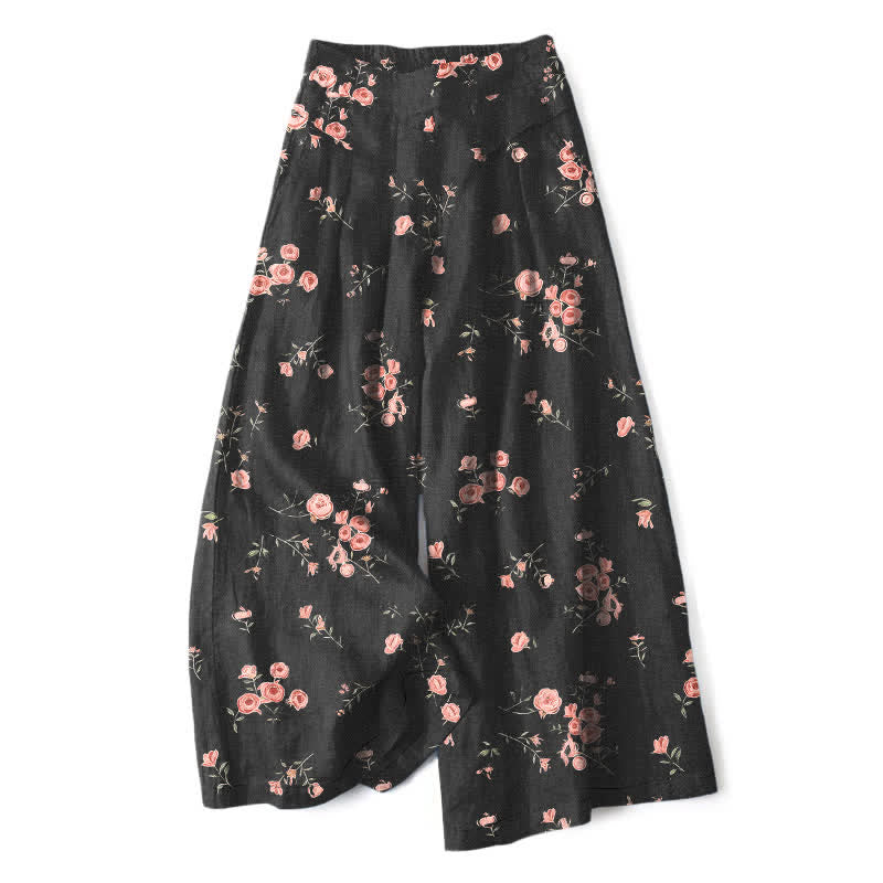 Buddha Stones Baumwoll-Leinen-Hose mit Vintage-Rosenmuster, elastischem Bund, weitem Bein und Taschen - Schwarz - US16, UK/AU20, EU48 (3XL) - image 0