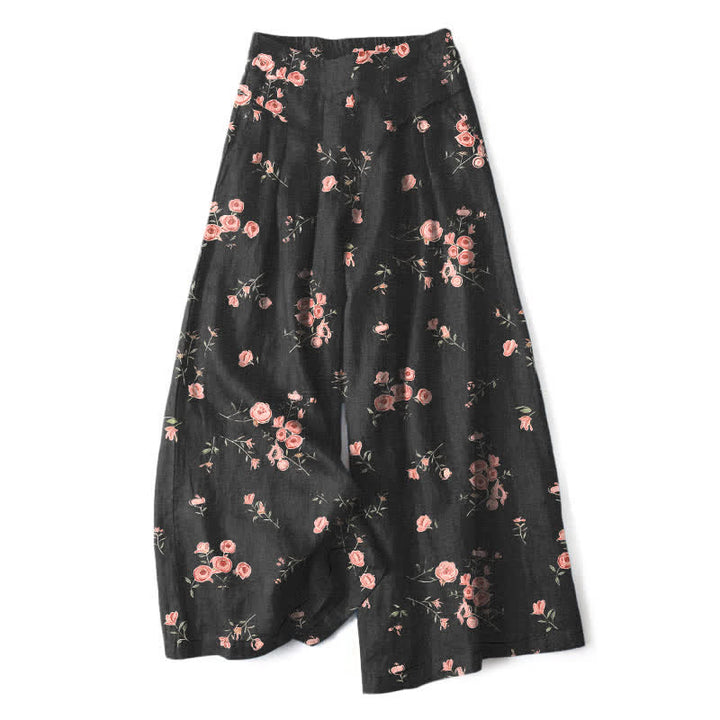 Buddha Stones Baumwoll-Leinen-Hose mit Vintage-Rosenmuster, elastischem Bund, weitem Bein und Taschen - Schwarz - US16, UK/AU20, EU48 (3XL) - image 0