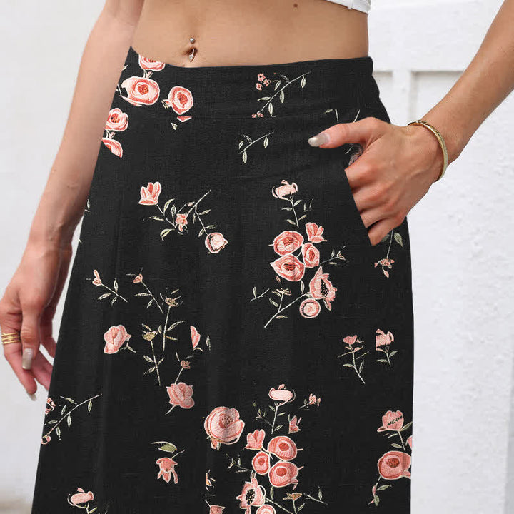 Buddha Stones Baumwoll-Leinen-Hose mit Vintage-Rosenmuster, elastischem Bund, weitem Bein und Taschen - image 2