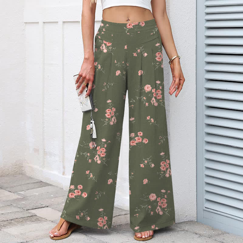 Buddha Stones Baumwoll-Leinen-Hose mit Vintage-Rosenmuster, elastischem Bund, weitem Bein und Taschen - image 8