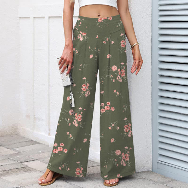 Buddha Stones Baumwoll-Leinen-Hose mit Vintage-Rosenmuster, elastischem Bund, weitem Bein und Taschen - image 8