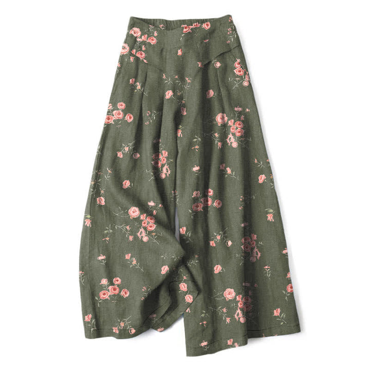 Buddha Stones Baumwoll-Leinen-Hose mit Vintage-Rosenmuster, elastischem Bund, weitem Bein und Taschen - Olive - US16, UK/AU20, EU48 (3XL) - image 7