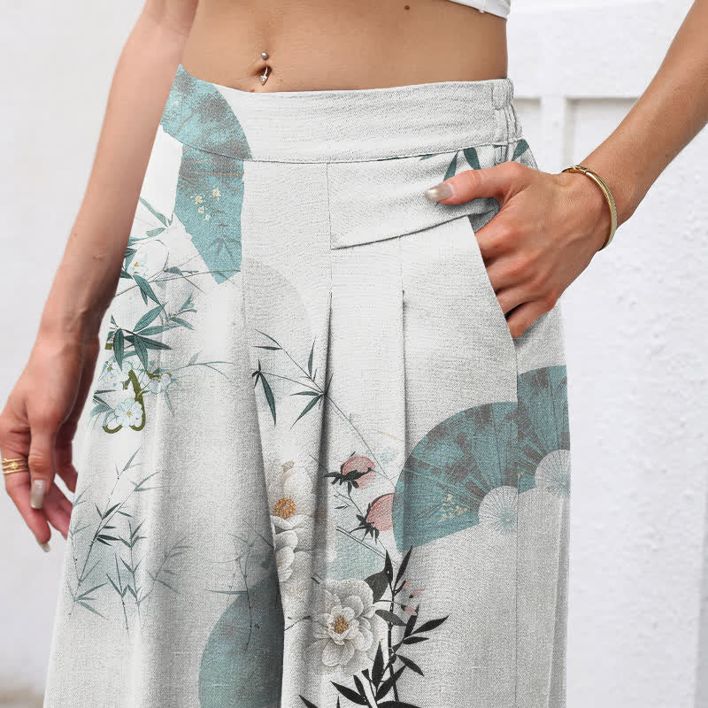 Buddha Stones Damenhose aus Baumwoll-Leinen-Mischgewebe mit orientalischem Bambusblattmuster, elastischem Bund, weitem Bein und Taschen - image 2