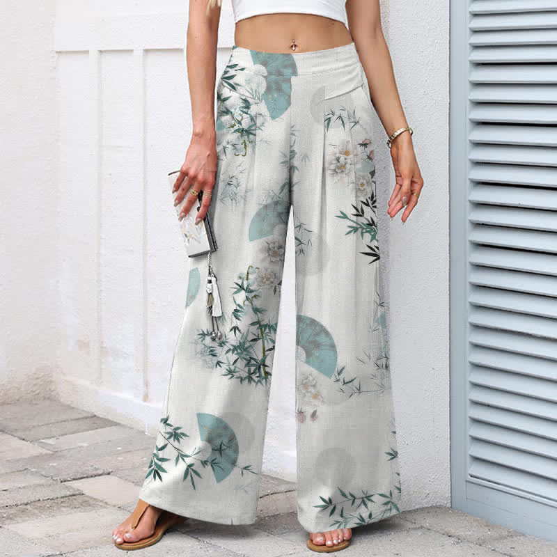 Buddha Stones Damenhose aus Baumwoll-Leinen-Mischgewebe mit orientalischem Bambusblattmuster, elastischem Bund, weitem Bein und Taschen - image 1