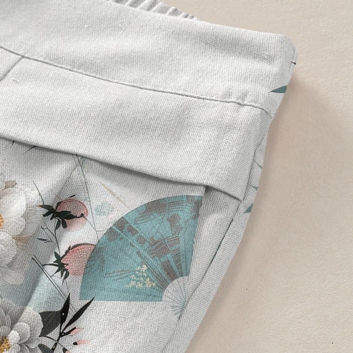 Buddha Stones Damenhose aus Baumwoll-Leinen-Mischgewebe mit orientalischem Bambusblattmuster, elastischem Bund, weitem Bein und Taschen - image 3