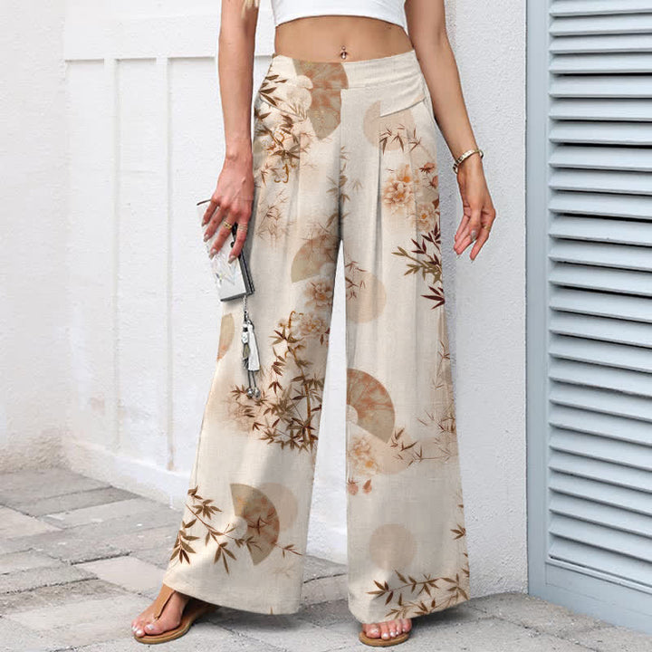 Buddha Stones Damenhose aus Baumwoll-Leinen-Mischgewebe mit orientalischem Bambusblattmuster, elastischem Bund, weitem Bein und Taschen - image 6
