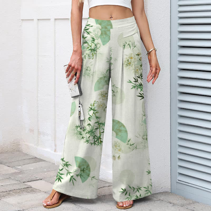 Buddha Stones Damenhose aus Baumwoll-Leinen-Mischgewebe mit orientalischem Bambusblattmuster, elastischem Bund, weitem Bein und Taschen - image 8