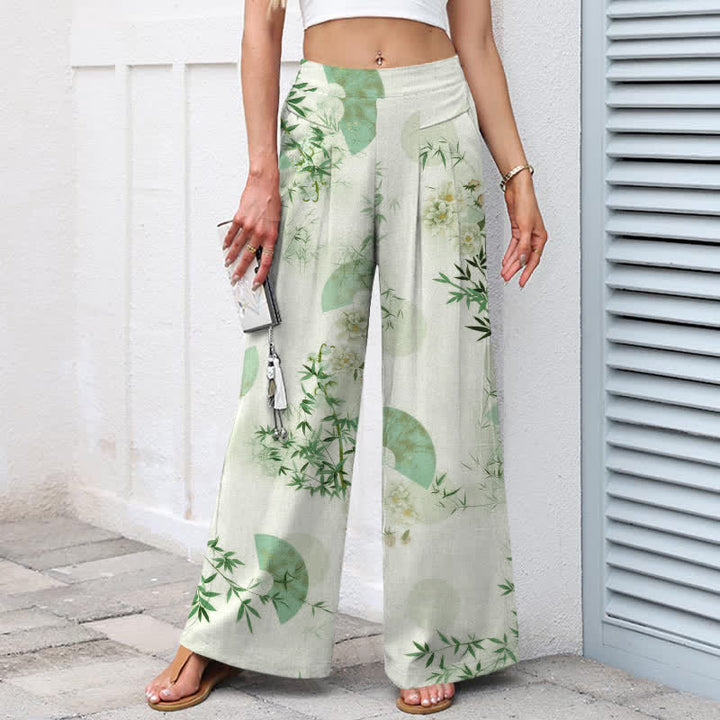 Buddha Stones Damenhose aus Baumwoll-Leinen-Mischgewebe mit orientalischem Bambusblattmuster, elastischem Bund, weitem Bein und Taschen - image 8