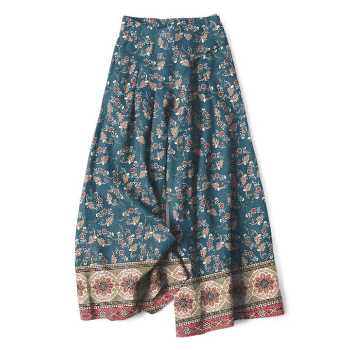 Buddha Stones Damenhose aus Baumwoll-Leinen-Mischgewebe mit floralem Boho-Muster, elastischem Bund, weitem Bein und Taschen - Türkis - US16, UK/AU20, EU48 (3XL) - image 0