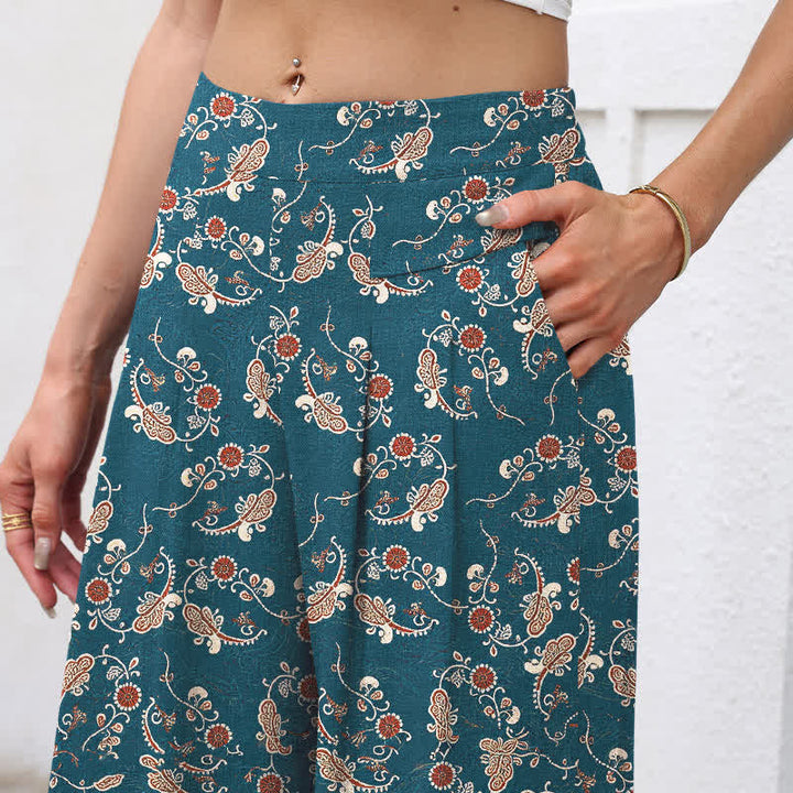 Buddha Stones Damenhose aus Baumwoll-Leinen-Mischgewebe mit floralem Boho-Muster, elastischem Bund, weitem Bein und Taschen - image 2