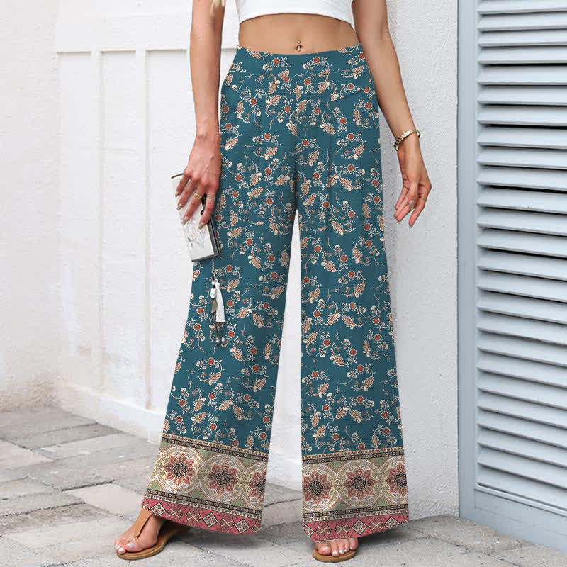 Buddha Stones Damenhose aus Baumwoll-Leinen-Mischgewebe mit floralem Boho-Muster, elastischem Bund, weitem Bein und Taschen - image 1