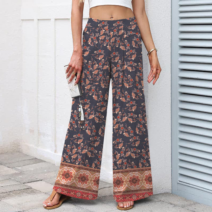 Buddha Stones Damenhose aus Baumwoll-Leinen-Mischgewebe mit floralem Boho-Muster, elastischem Bund, weitem Bein und Taschen - image 6