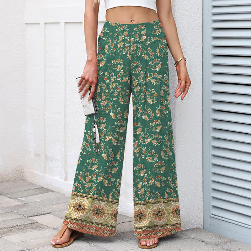 Buddha Stones Damenhose aus Baumwoll-Leinen-Mischgewebe mit floralem Boho-Muster, elastischem Bund, weitem Bein und Taschen - image 8