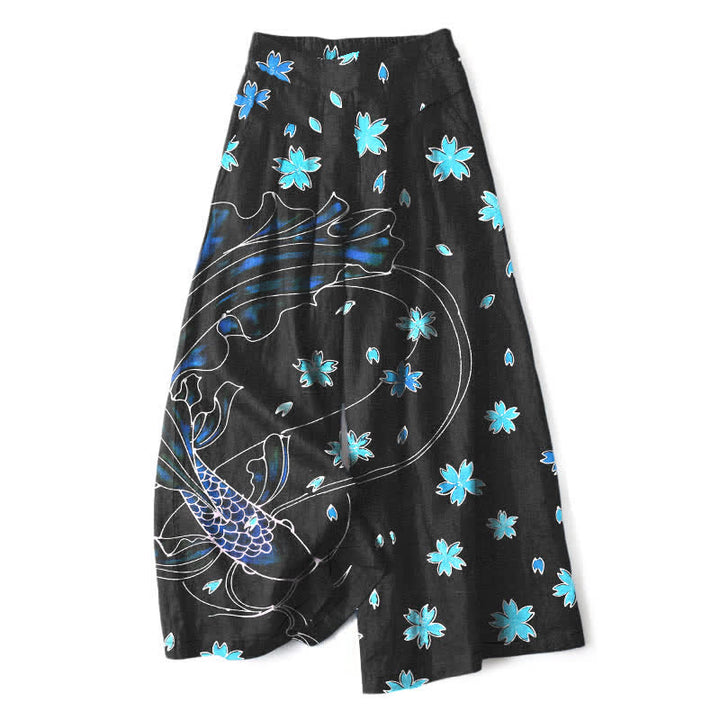 Buddha Stones Baumwoll-Leinen-Hose mit Koi-Fisch- und Blumenmuster, elastischem Bund, weitem Bein und Taschen - Schwarz - US16, UK/AU20, EU48 (3XL) - image 0