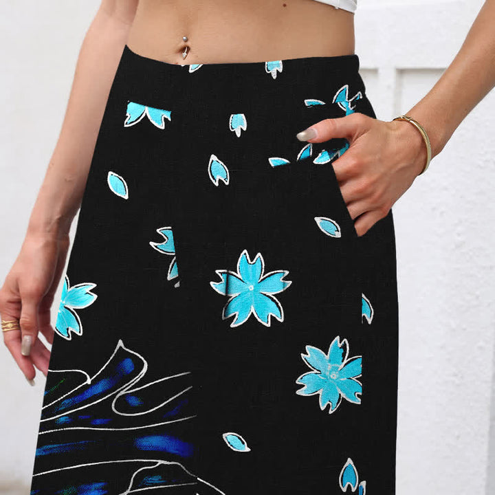 Buddha Stones Baumwoll-Leinen-Hose mit Koi-Fisch- und Blumenmuster, elastischem Bund, weitem Bein und Taschen - image 2