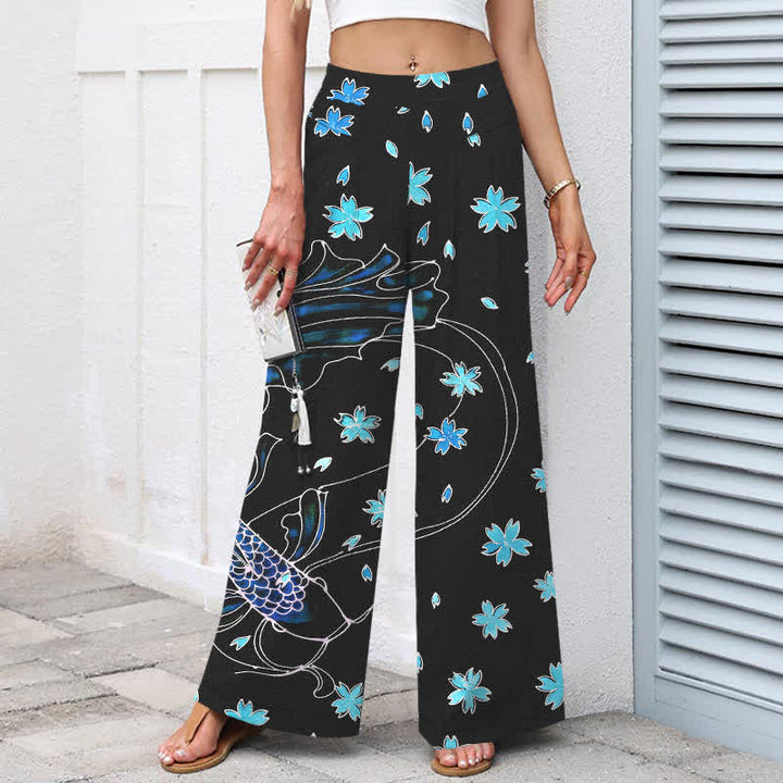Buddha Stones Baumwoll-Leinen-Hose mit Koi-Fisch- und Blumenmuster, elastischem Bund, weitem Bein und Taschen - image 1