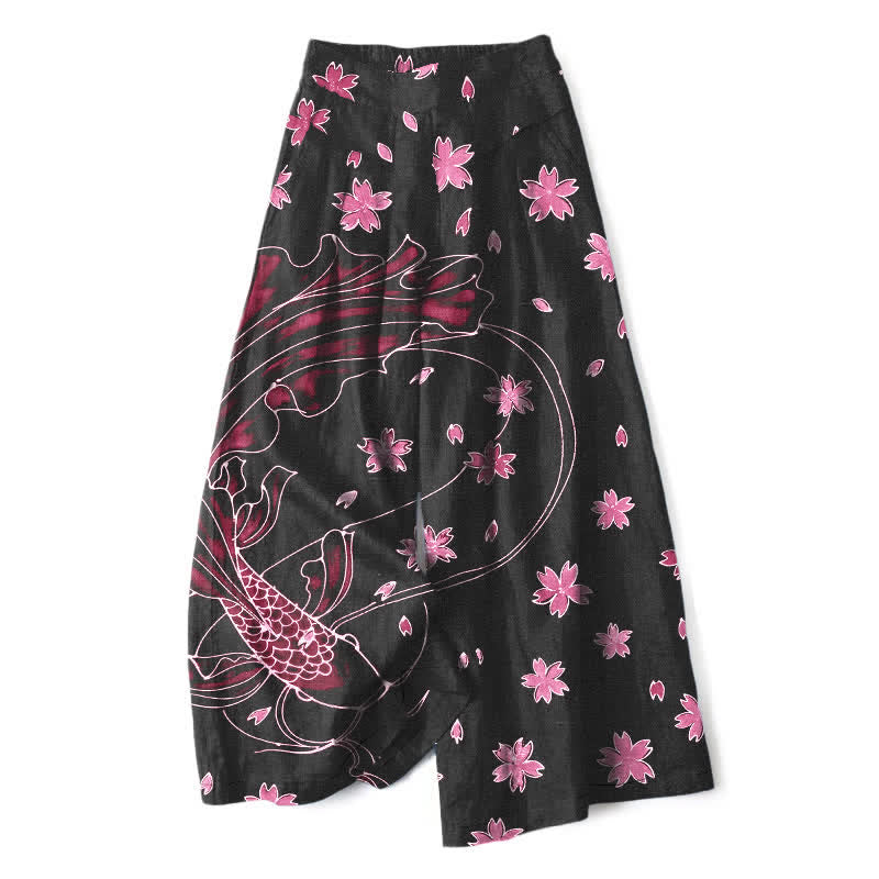 Buddha Stones Baumwoll-Leinen-Hose mit Koi-Fisch- und Blumenmuster, elastischem Bund, weitem Bein und Taschen - Blassviolettrot - US16, UK/AU20, EU48 (3XL) - image 5