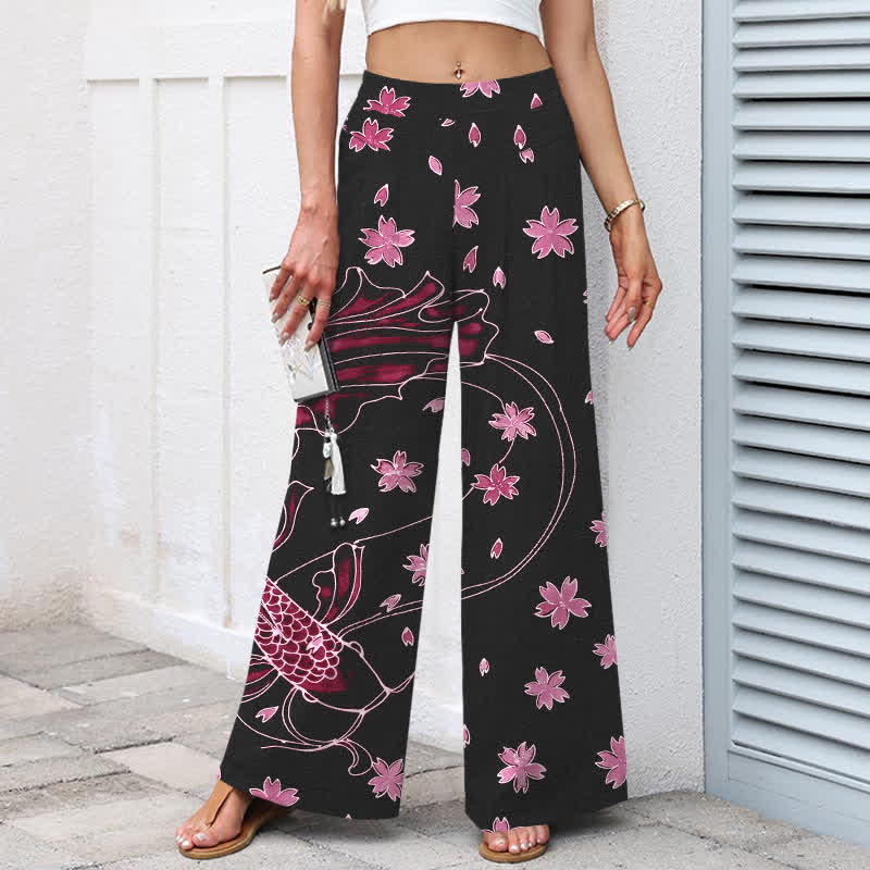 Buddha Stones Baumwoll-Leinen-Hose mit Koi-Fisch- und Blumenmuster, elastischem Bund, weitem Bein und Taschen - image 6