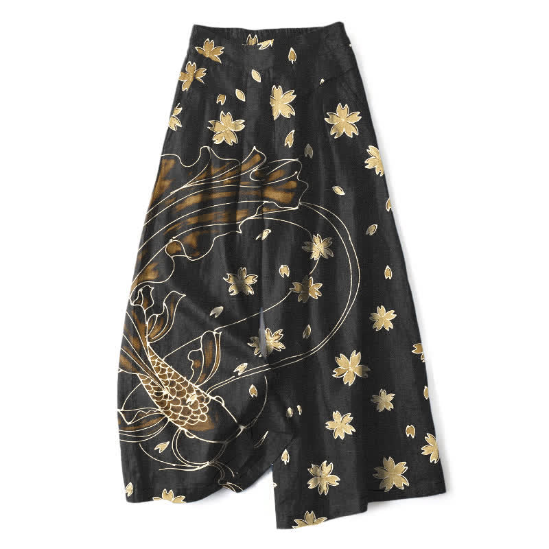 Buddha Stones Baumwoll-Leinen-Hose mit Koi-Fisch- und Blumenmuster, elastischem Bund, weitem Bein und Taschen - Blassgoldenrode - US16, UK/AU20, EU48 (3XL) - image 7