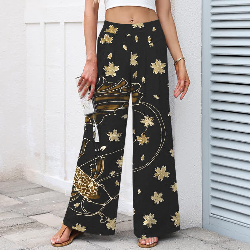 Buddha Stones Baumwoll-Leinen-Hose mit Koi-Fisch- und Blumenmuster, elastischem Bund, weitem Bein und Taschen - image 8