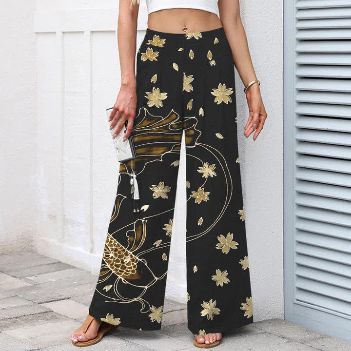Buddha Stones Baumwoll-Leinen-Hose mit Koi-Fisch- und Blumenmuster, elastischem Bund, weitem Bein und Taschen - image 8