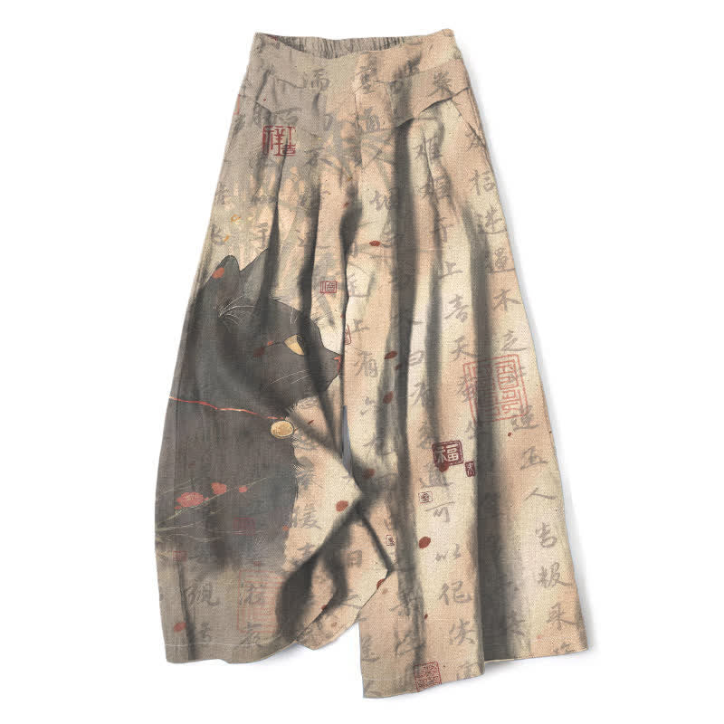 Buddha Stones Baumwoll-Leinen-Hose mit Katzenmuster und Kalligrafie, elastischem Bund, weitem Bein und Taschen - Bräunen - US16, UK/AU20, EU48 (3XL) - image 0