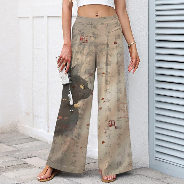 Buddha Stones Baumwoll-Leinen-Hose mit Katzenmuster und Kalligrafie, elastischem Bund, weitem Bein und Taschen - image 1