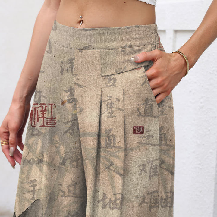 Buddha Stones Baumwoll-Leinen-Hose mit Katzenmuster und Kalligrafie, elastischem Bund, weitem Bein und Taschen - image 2