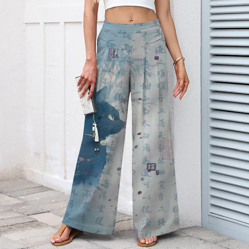 Buddha Stones Baumwoll-Leinen-Hose mit Katzenmuster und Kalligrafie, elastischem Bund, weitem Bein und Taschen - image 6
