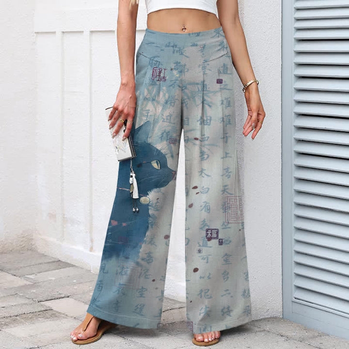 Buddha Stones Baumwoll-Leinen-Hose mit Katzenmuster und Kalligrafie, elastischem Bund, weitem Bein und Taschen - image 6