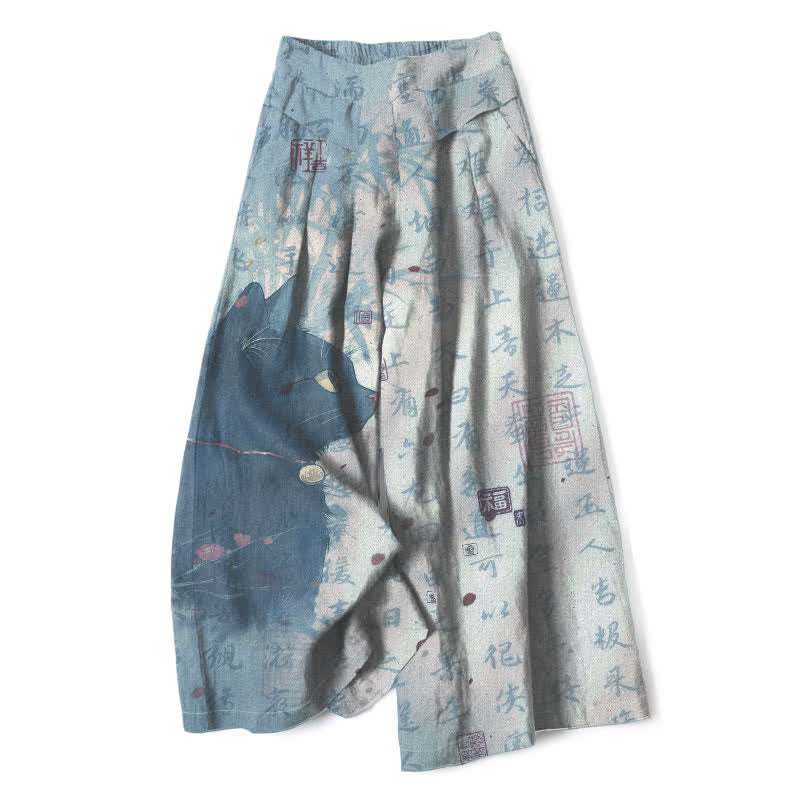 Buddha Stones Baumwoll-Leinen-Hose mit Katzenmuster und Kalligrafie, elastischem Bund, weitem Bein und Taschen - Hellstahlblau - US16, UK/AU20, EU48 (3XL) - image 5