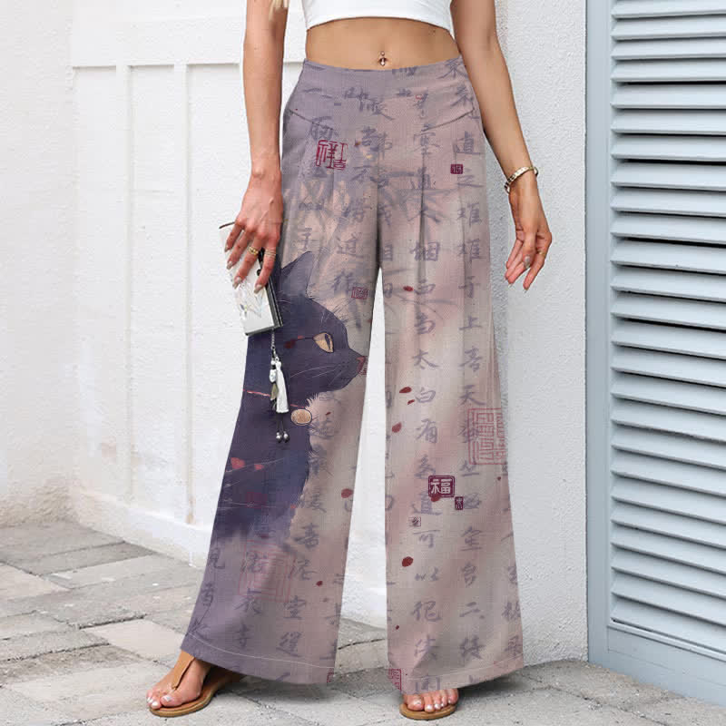 Buddha Stones Baumwoll-Leinen-Hose mit Katzenmuster und Kalligrafie, elastischem Bund, weitem Bein und Taschen - image 8