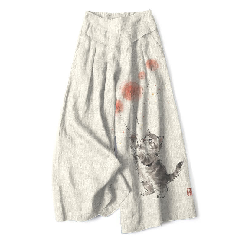 Buddha Stones Baumwoll-Leinen-Hose mit Aquarell-Katzen- und Blumenmuster, elastischem Bund, weitem Bein und Taschen - Elfenbein - US16, UK/AU20, EU48 (3XL) - image 0