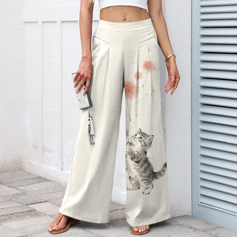 Buddha Stones Baumwoll-Leinen-Hose mit Aquarell-Katzen- und Blumenmuster, elastischem Bund, weitem Bein und Taschen - image 1