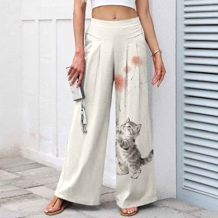 Buddha Stones Baumwoll-Leinen-Hose mit Aquarell-Katzen- und Blumenmuster, elastischem Bund, weitem Bein und Taschen - image 1